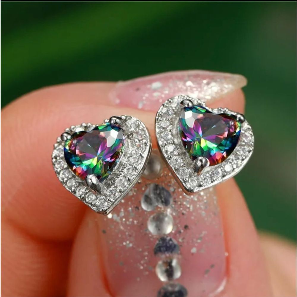 Heart shaped irradecent zircon copper earrings-artificial gemstone